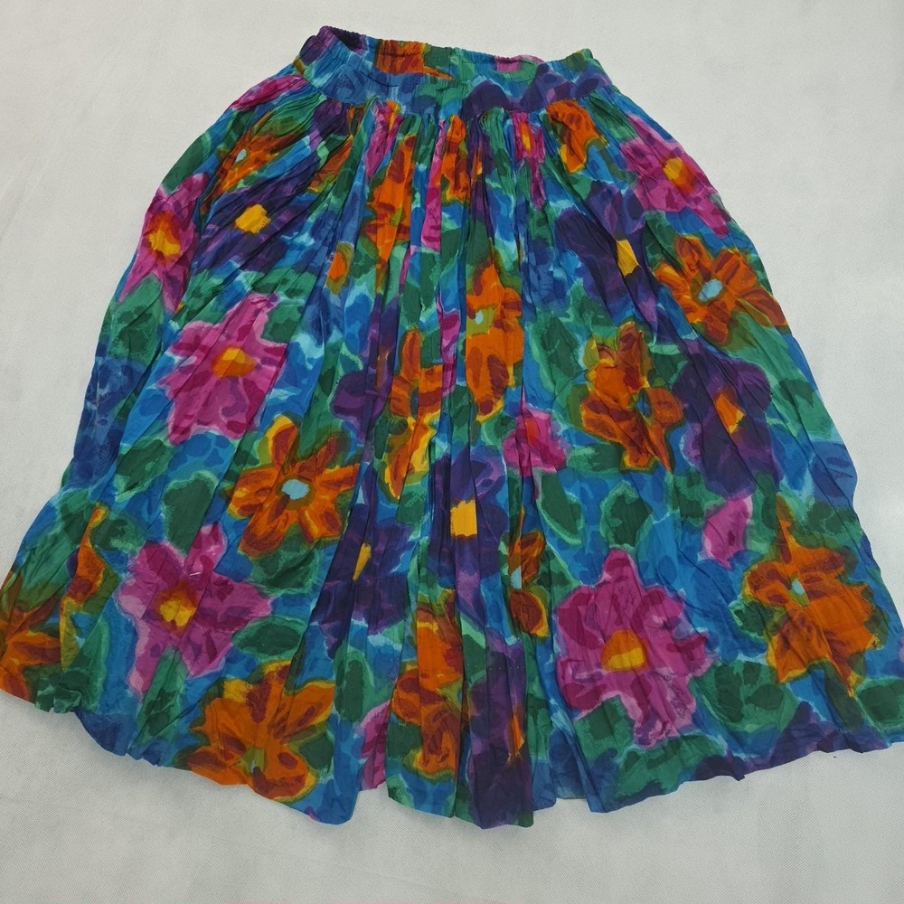 Tudi Womens S Floral Midi Skirt 100% Cotton Made Mexico Colorful Boho Full